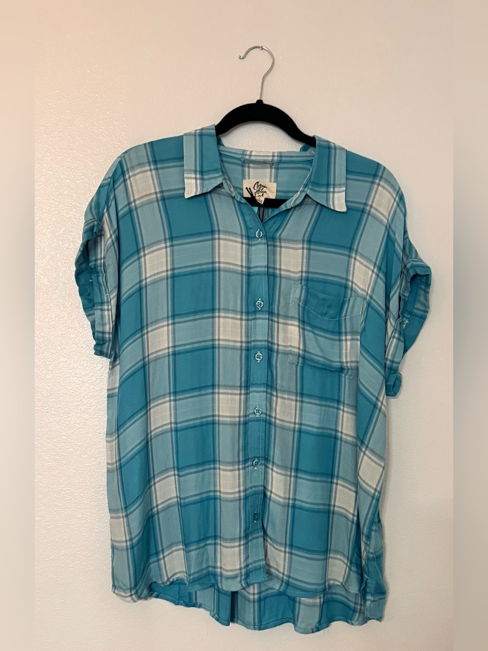 Cosmic Blue Love Cathy NWT Blue Plaid Button Down Shirt L Oversized